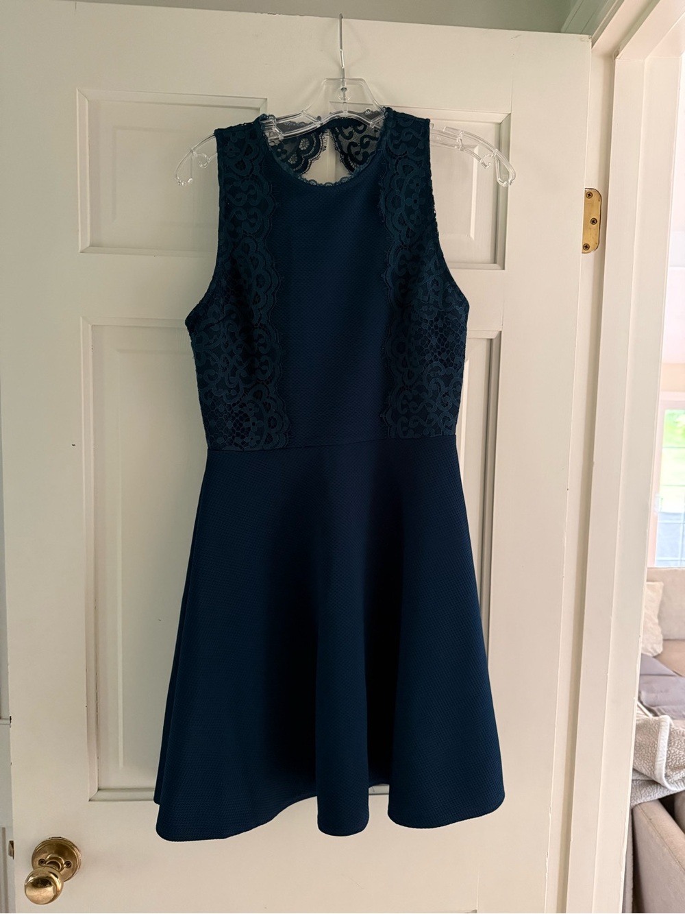 Francesca's Collections Navy Lace-Panel Fit & Flare Dress